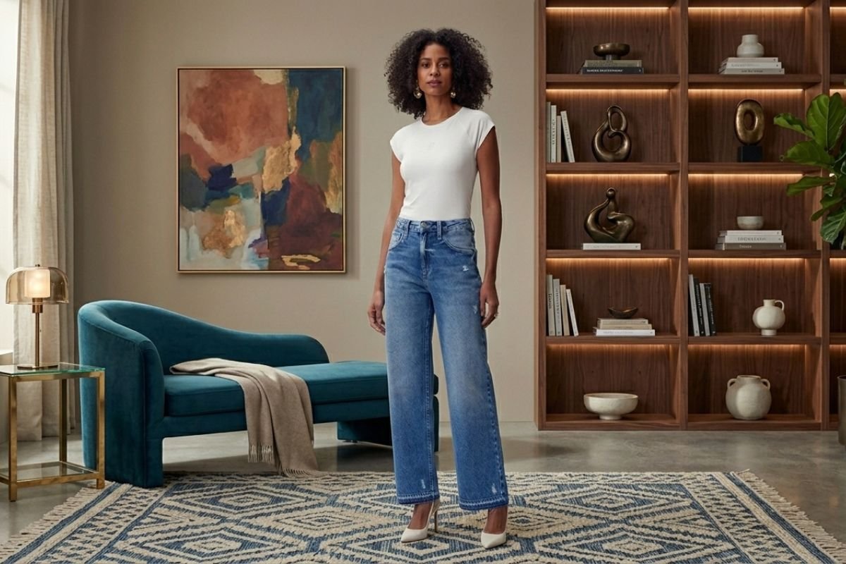 modelo posando com blusa branca e calca wide leg jeans