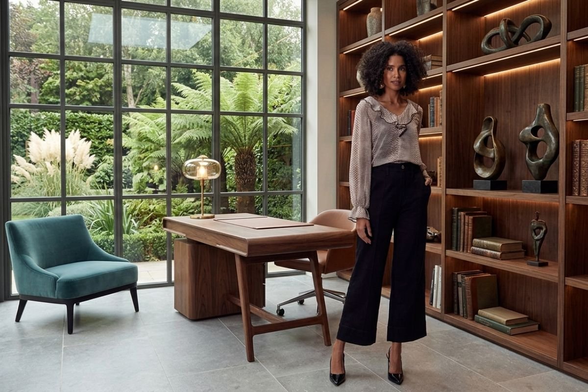 modelo usando blusa manga longa e calca wide leg em um escrit&oacute;rio