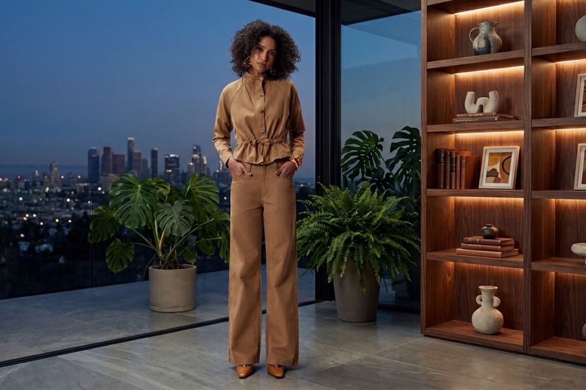 modelo usando look monocrom&aacute;tico em uma sala com vista para a cidade