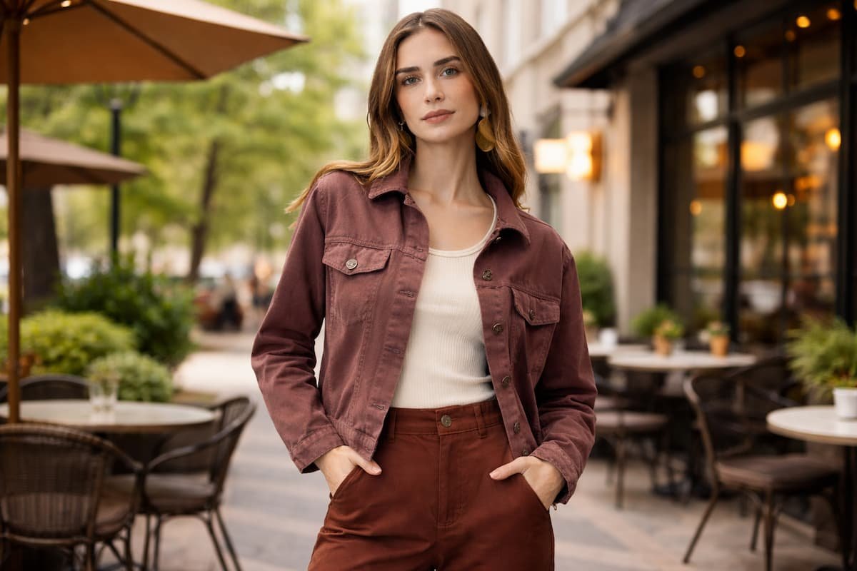 mulher usando blusa branca sob jaqueta marrom e calca da mesma cor