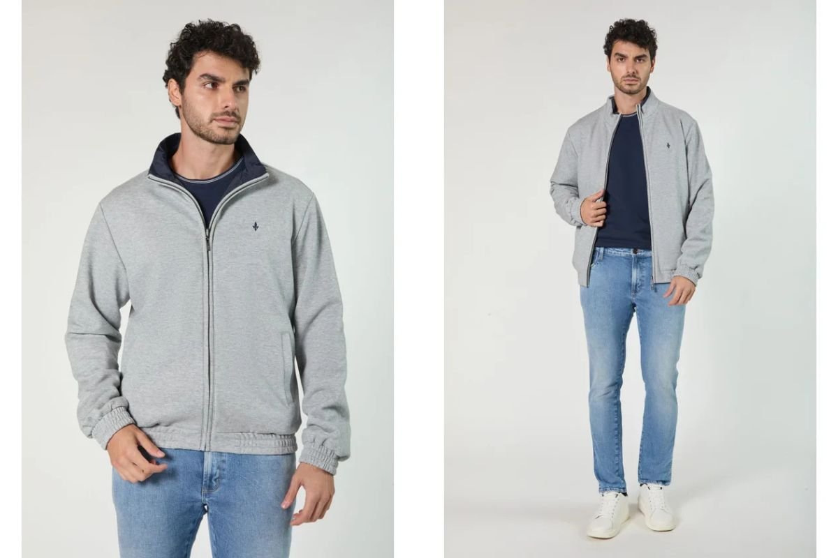 modelo com jaqueta e calca jeans