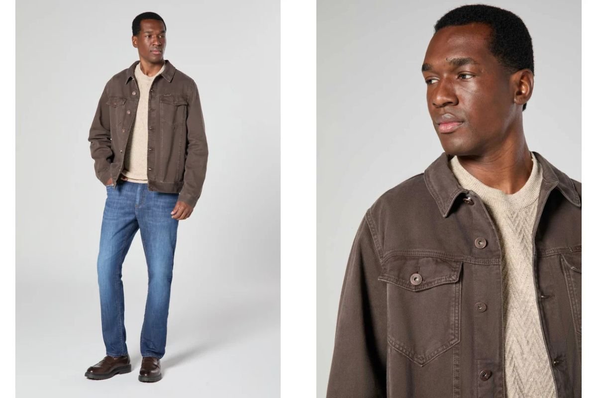 modelo usando jaqueta masculina e calca jeans