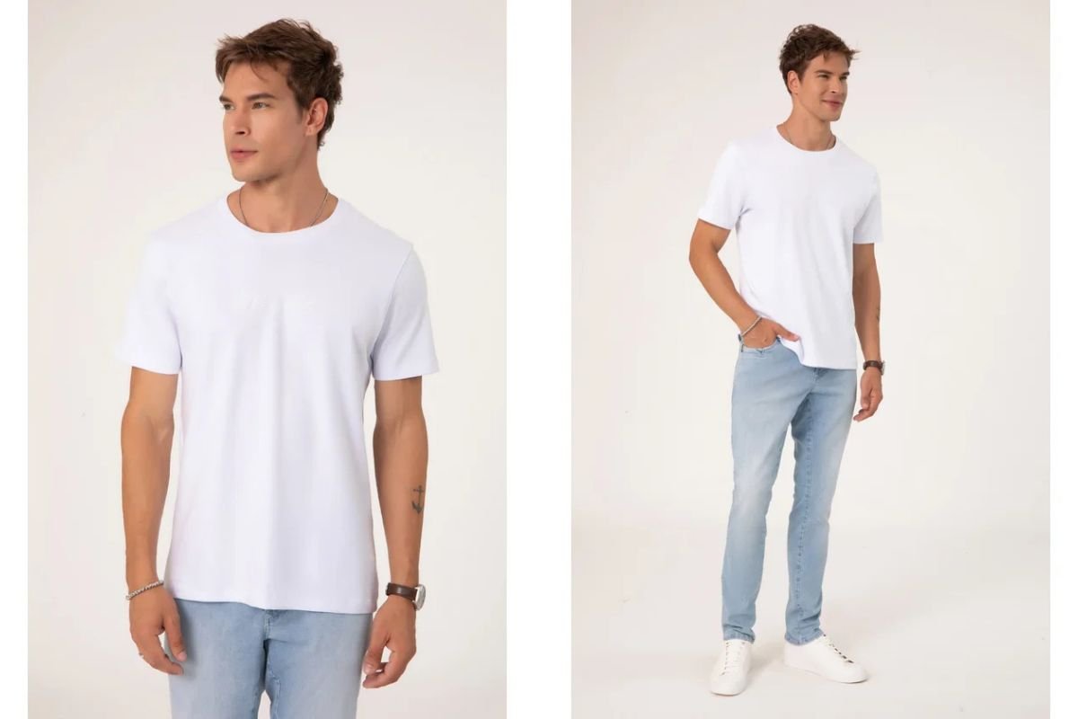 modelo com camiseta branca e calca jeans