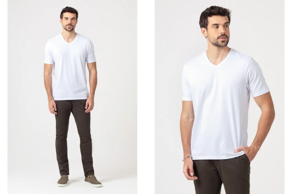 modelo com camiseta branca e calca marrom