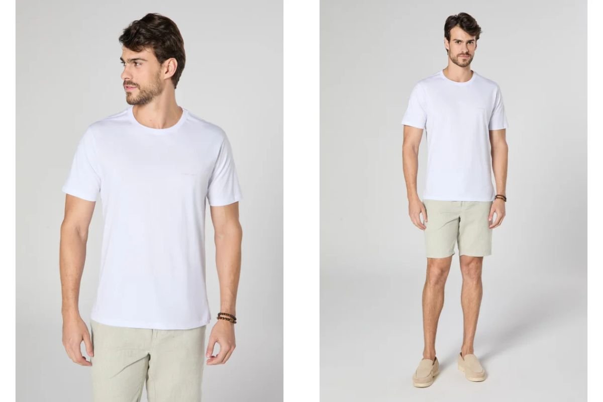 modelo de camiseta branca e bermuda bege