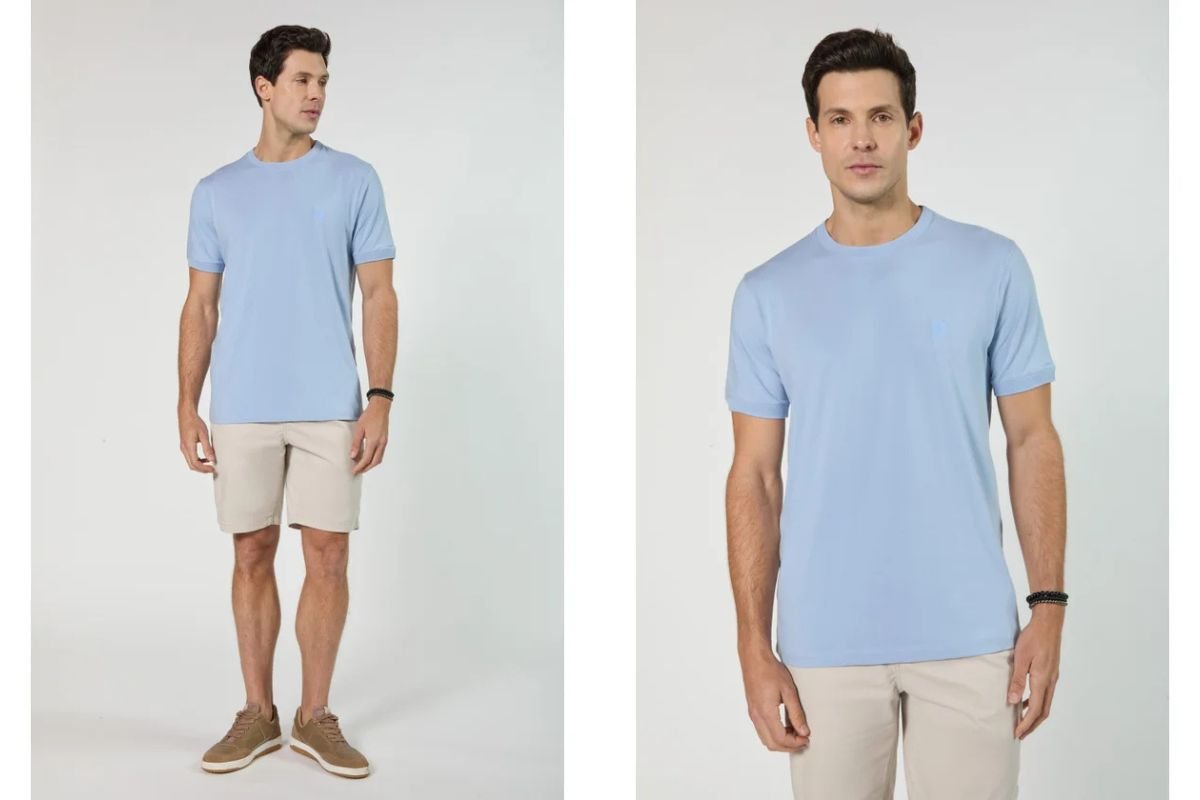 modelo com camiseta azul e bermuda bege