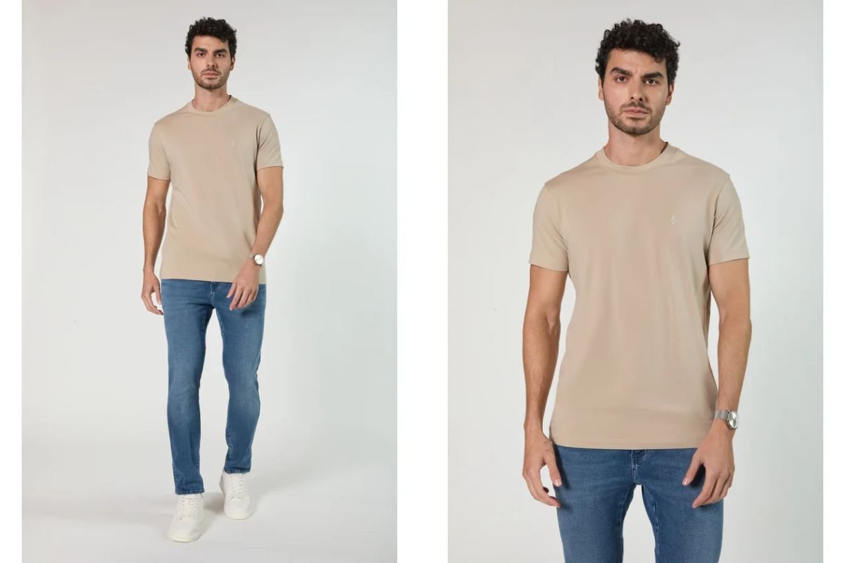 modelo usando calca jeans de camiseta bege