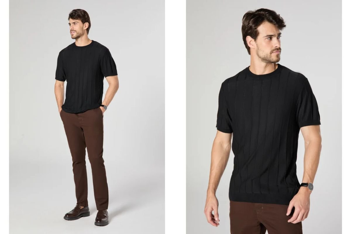modelo usando camiseta preta e calca marrom
