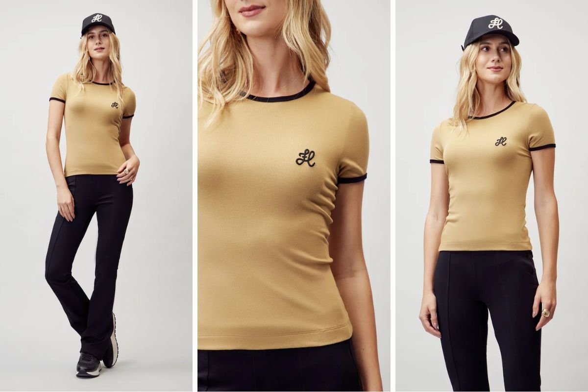 fotos de modelo usando t-shirt amarela e calca preta