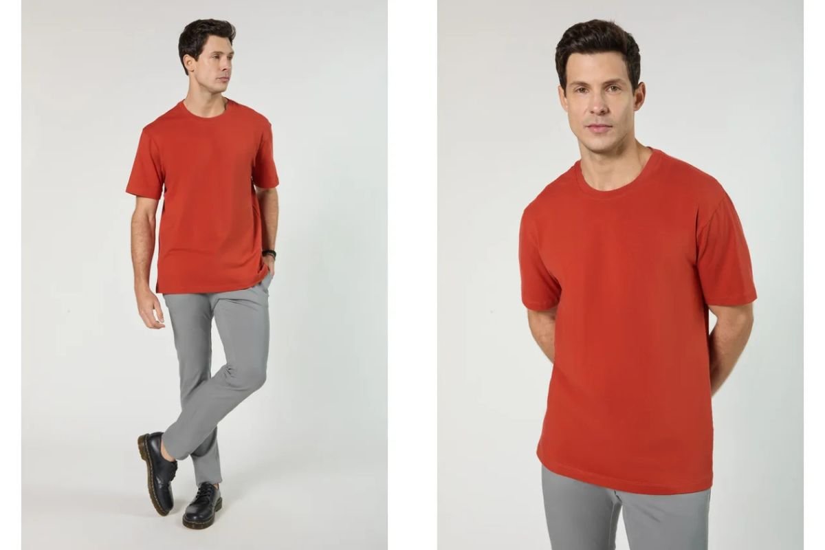 modelo com calca e camiseta vermelha