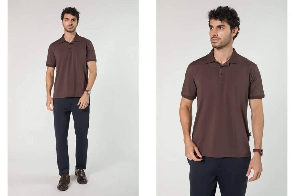 modelo com calca jeans escura e blusa marrom