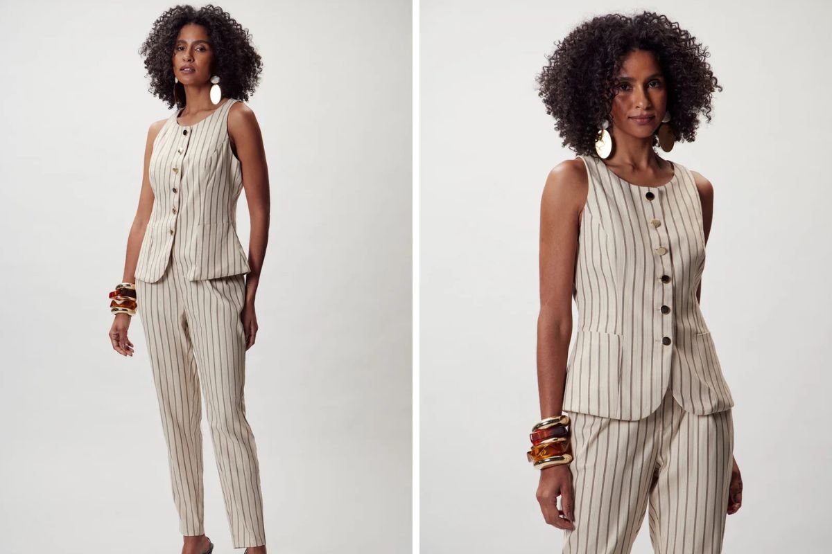 modelo com calca e colete feminino