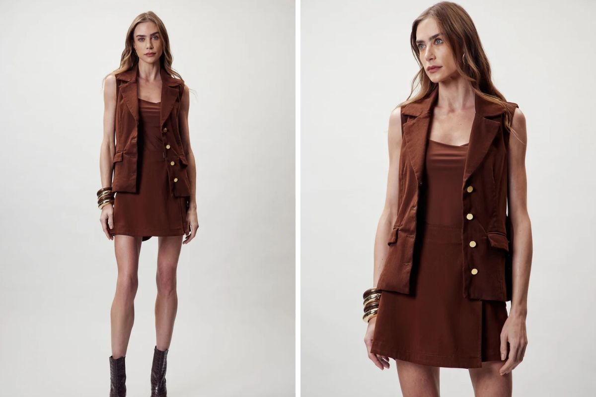 modelo usando look marrom com colete feminino