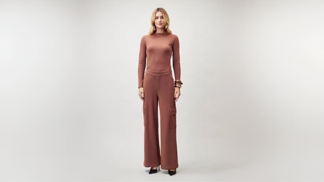 mulher usando calca pantalona e blusa marrom