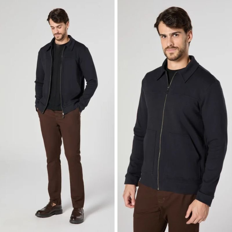 modelo com calca marrom e casaco preto