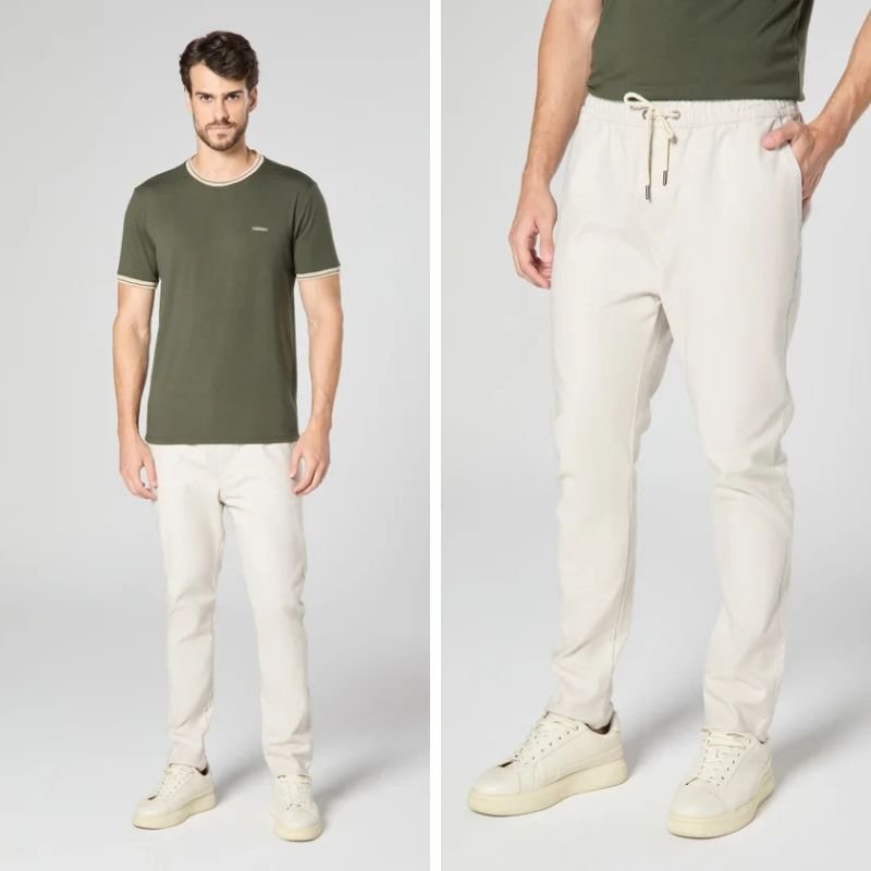 modelo com calca jogger clara e blusa verde