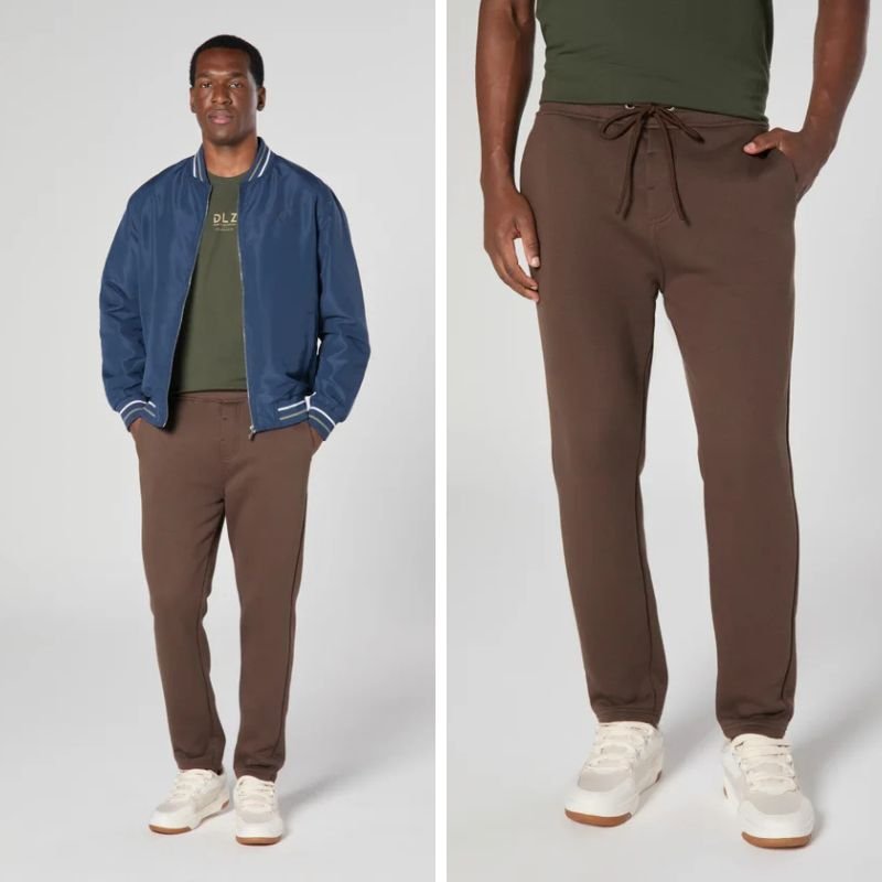 modelo com calca jogger marrom e casaco