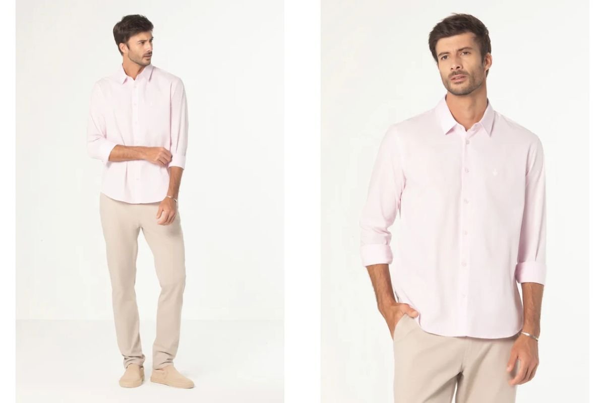 modelo com camisa e calca bege