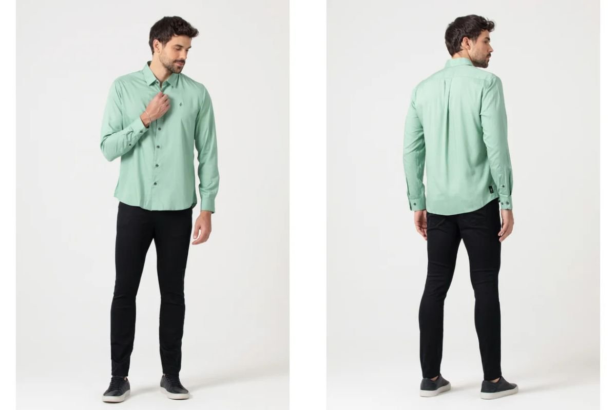 modelo com camisa e calca preta