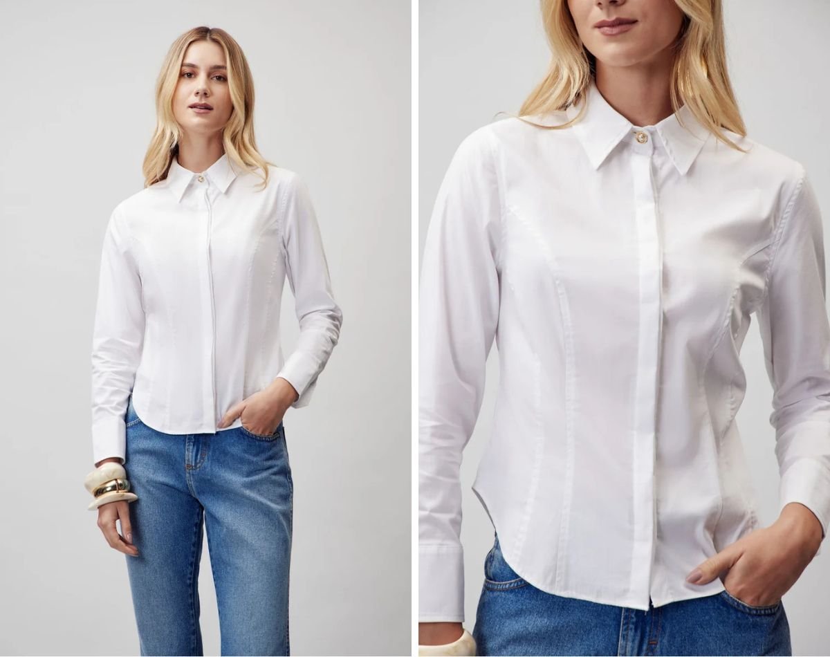 modelo com calca jeans de camisa de algodao