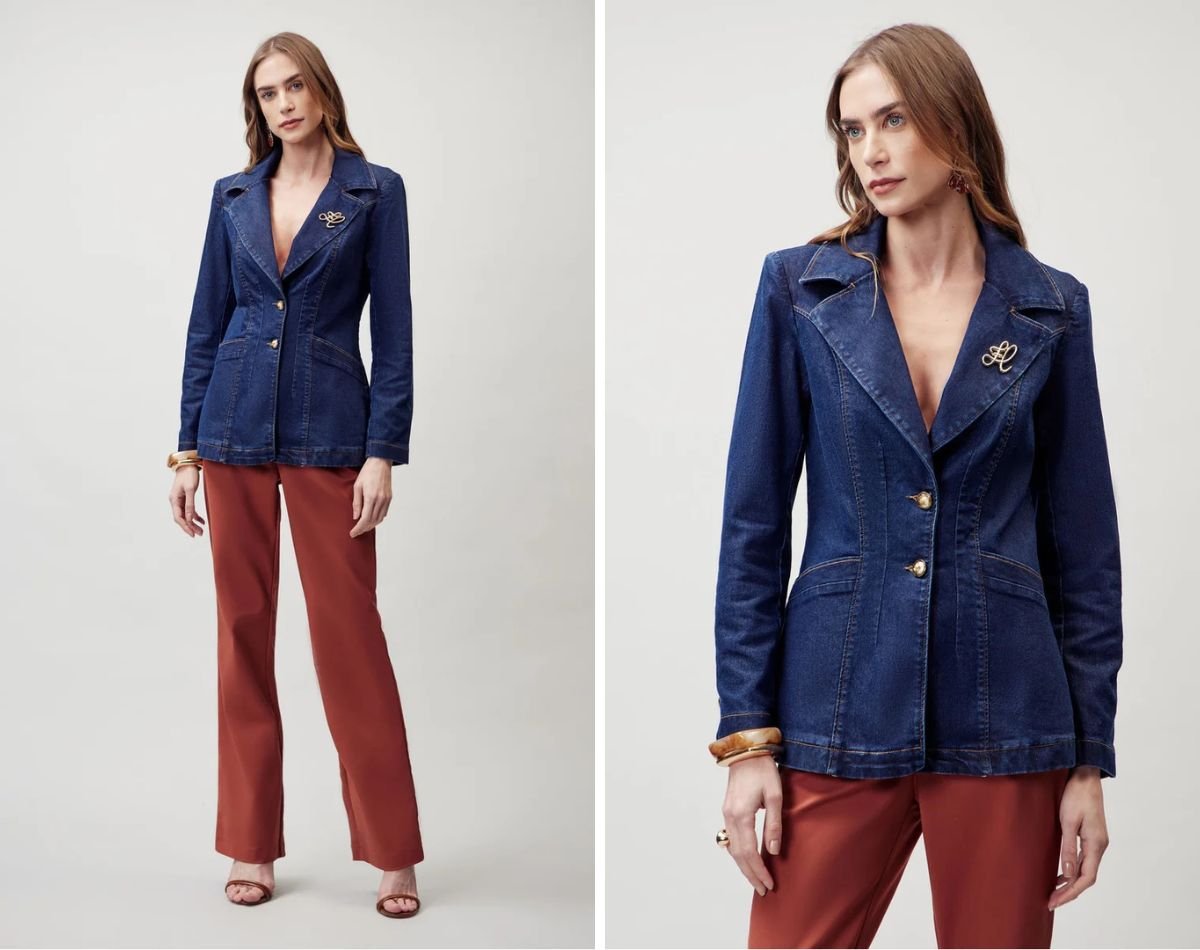 modelo com calca e jaqueta jeans