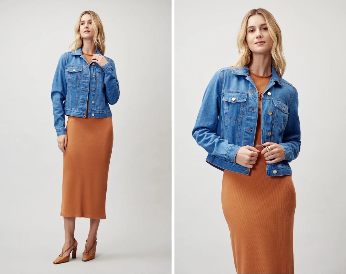 modelo com vestido e jaqueta jeans
