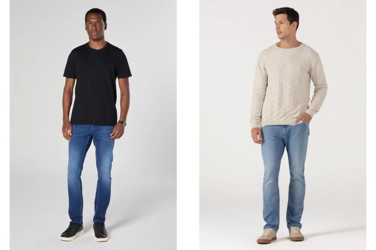 modelos com camiseta e calca jeans com elastano