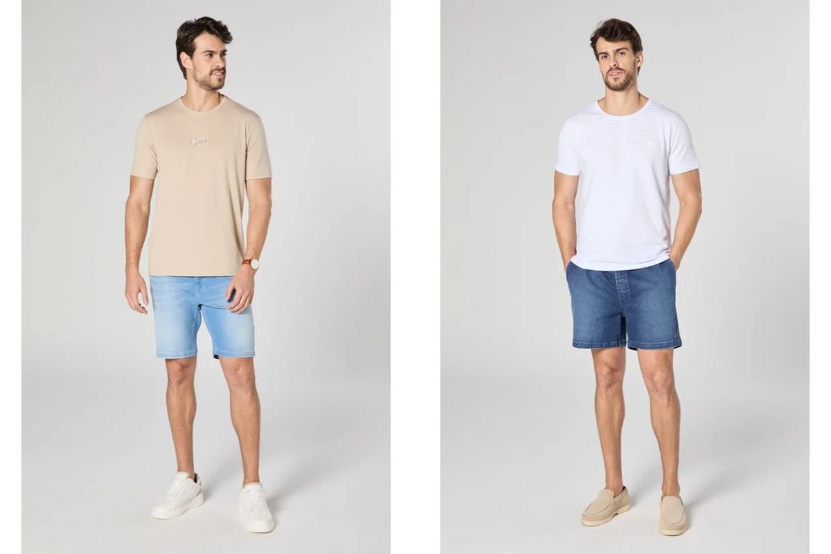 homens com camiseta e bermuda jeans