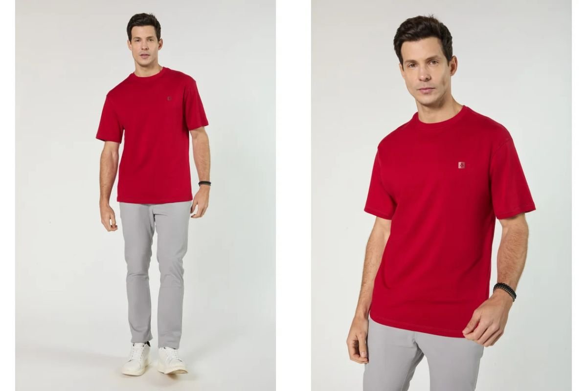 homem usando camiseta vermelha