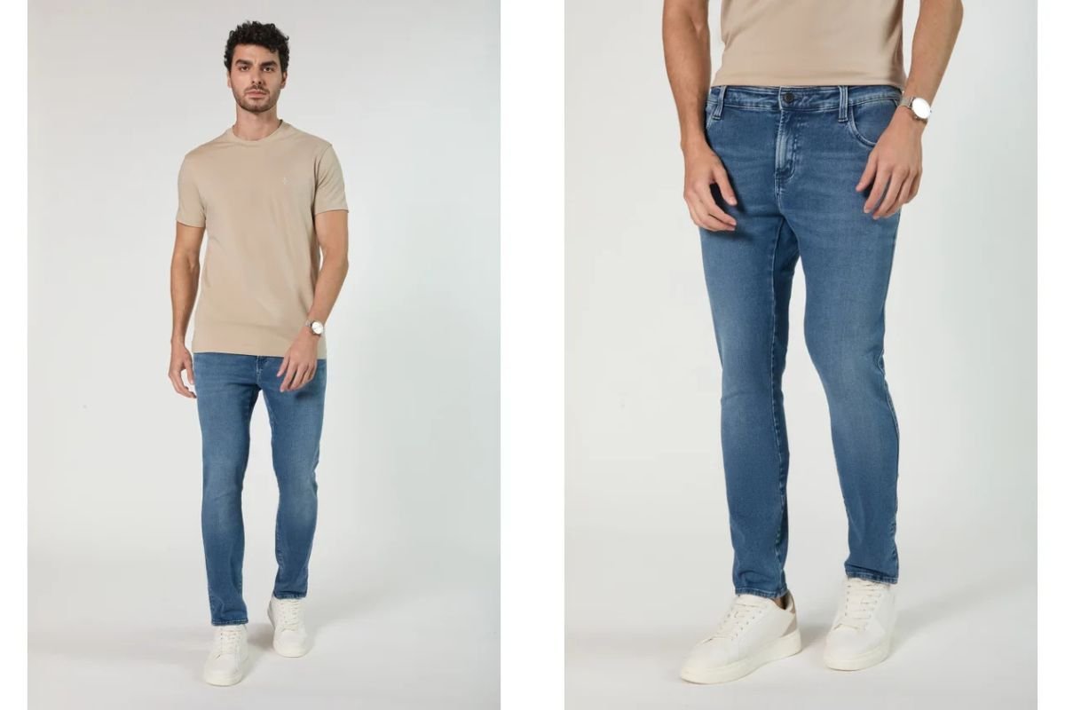 modelo usando calca jeans skinny