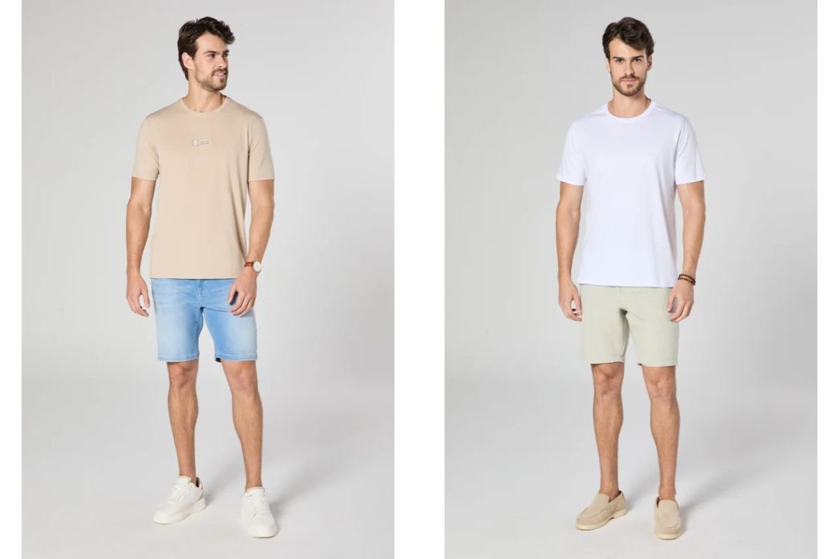 homens usando camiseta e bermuda jeans