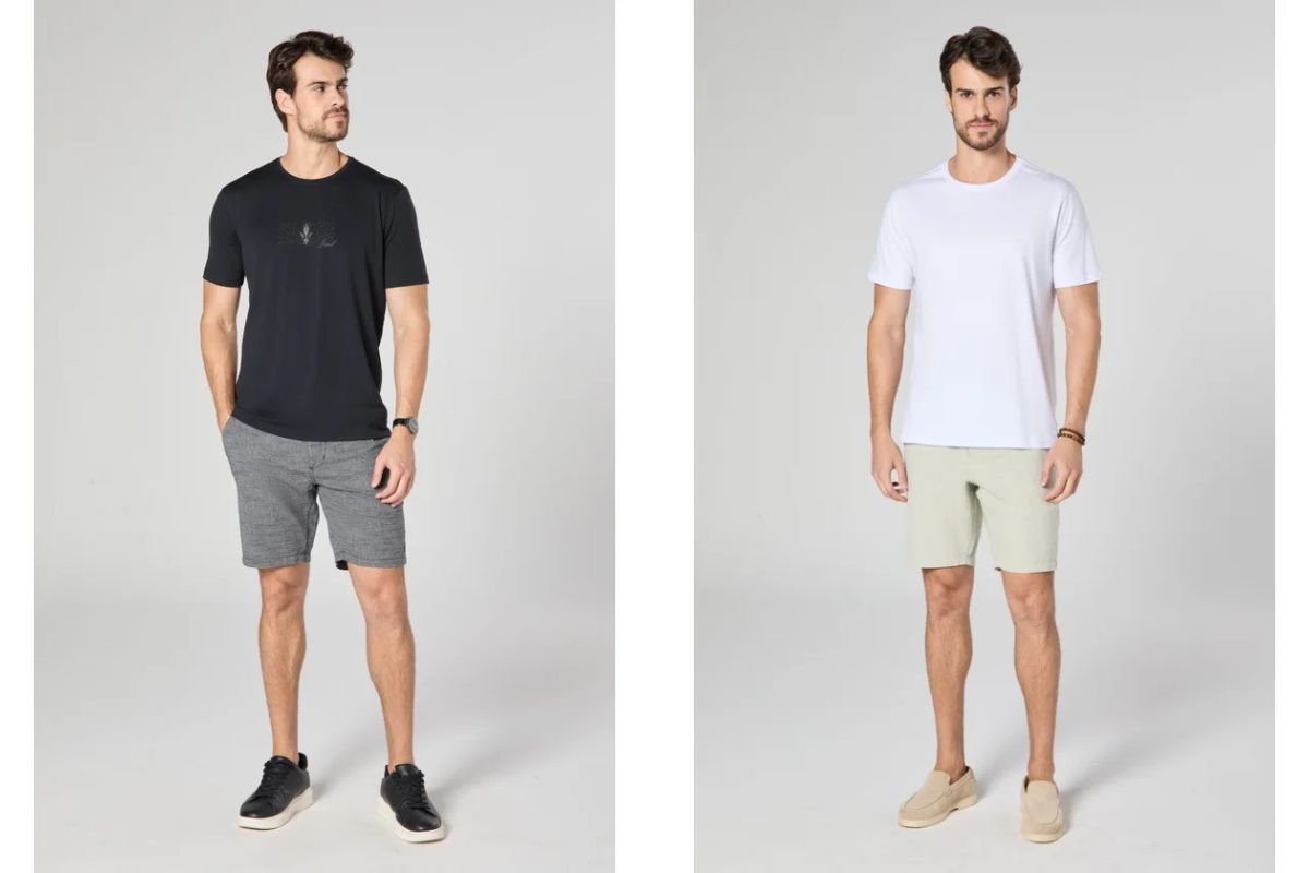 homens usando camisetas e bermudas