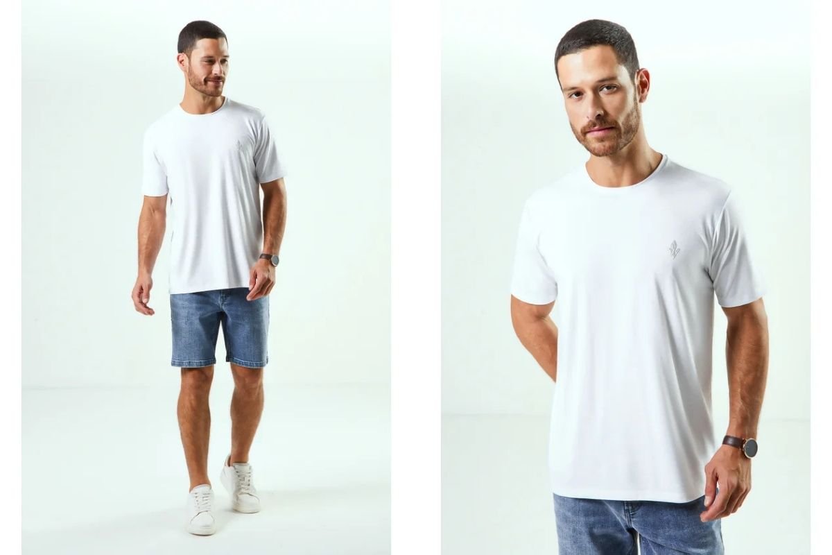 homem usando blusa branca de blend de algodao e calca jeans