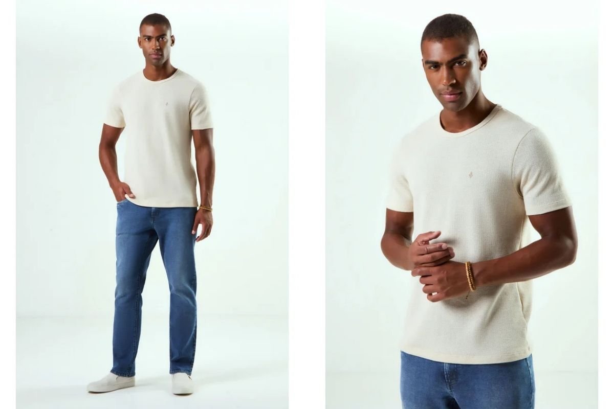 homem usando blusa de blend de algodao e calca jeans