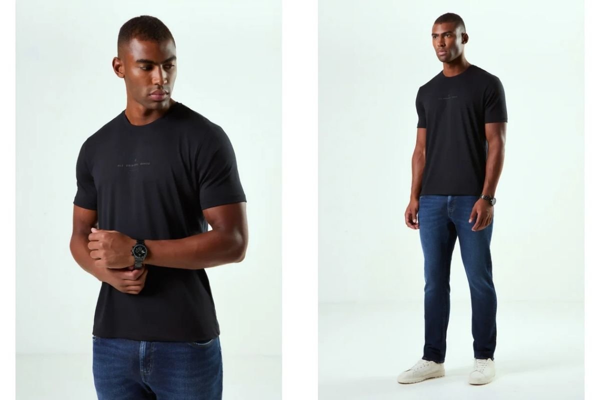 homem usando blusa preta de blend de algodao e calca jeans
